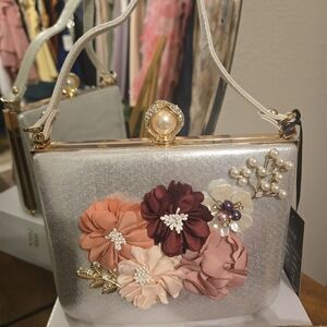 Floral Embellished Silver Clutch